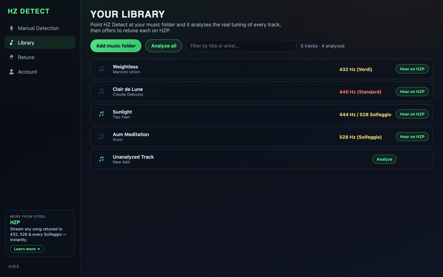 HZ Detect desktop app analyzing a music library, each song labeled with its measured tuning
